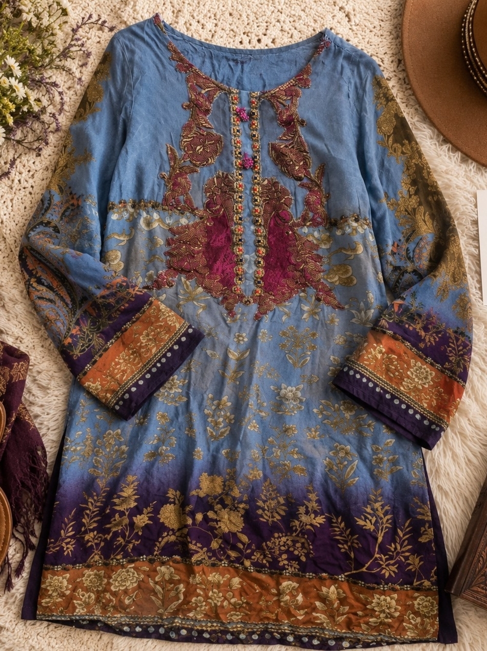 Embroidered Silk Blend Boho Artwear Tunic M-19ptp